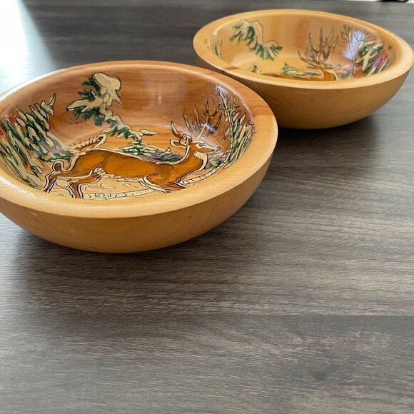 Vintage 50s Wildlife of Birchland Vermont Folk Art Handmade Deer Wood 2 Bowl Set - Picture 2 of 6